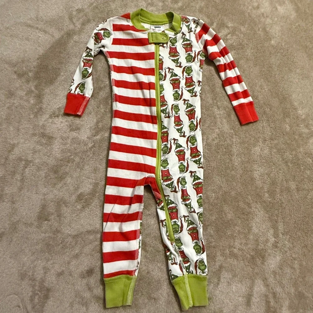 Hanna Andersson Grinch Organic Cotton Pajamas Sleeper 18-24M Red White Striped